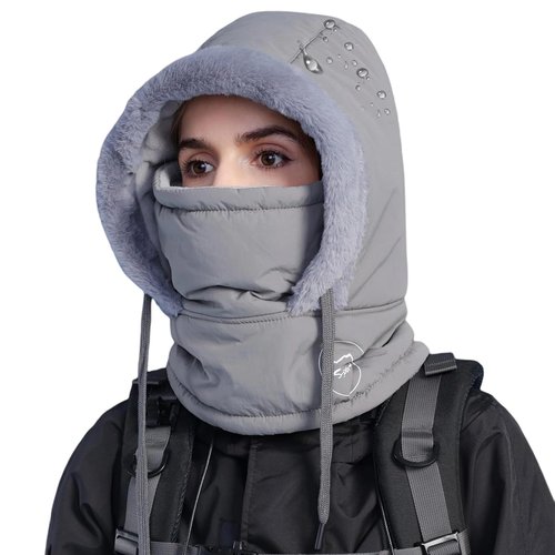HUAMULAN Women Winter Hooded Scarf Hats Waterproof One Piece Balaclavas Men Slouchy Fleece Face Shield Mask Warm Earmuff Ski Snow Hat Cold Weather Waterproof