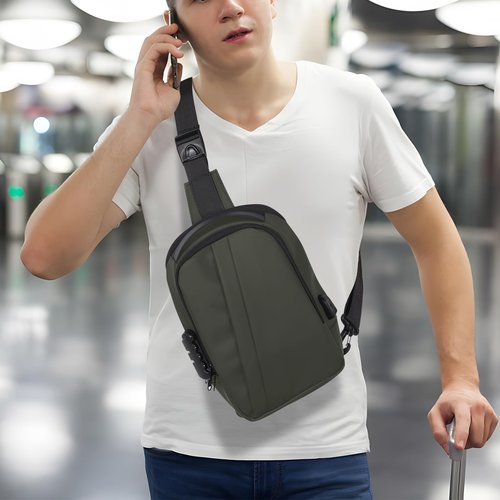 Geestock Anti-Theft Crossbody Sling Bag for Men with USB Port, Small Men's Crossbody Sling Bag PU Leather Chest Bag Shoulder Pack for Travel, Hiking, Work & Daily Use, Green