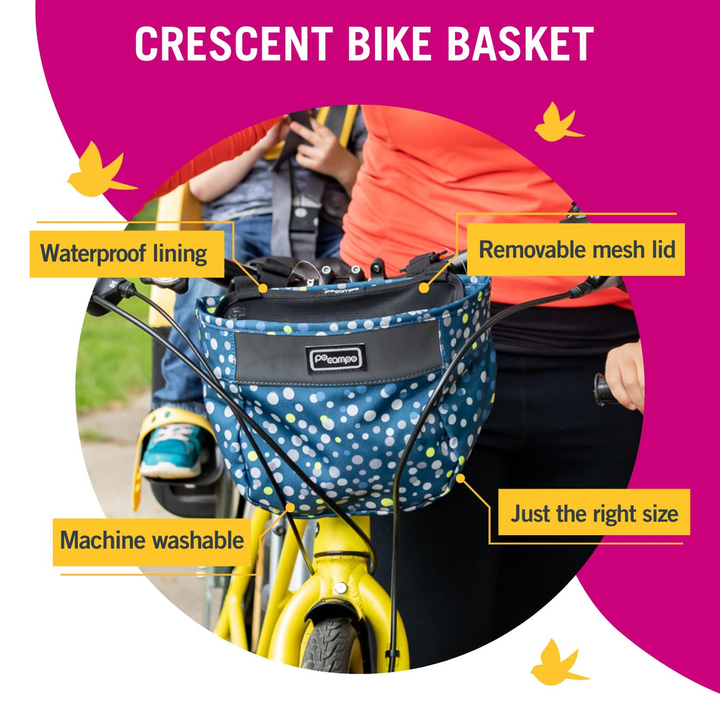 Po Campo Crescent Bicycle Basket – Bike Basket for Adults and Teens – Handlebar Bag for Cycling – Waterproof Fabric, Colorful, Front Handlebar Bike Bag for Women, Men, Kids (Meadow)