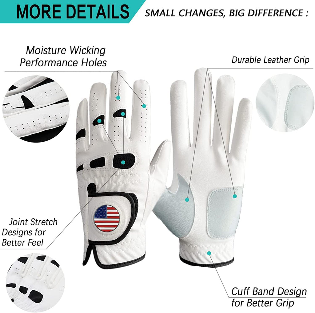 Amy Sport Golf Gloves - Soft Leather Grip for Left & Right-Handed Golfers | 3 Pack, Sizes S-3XL