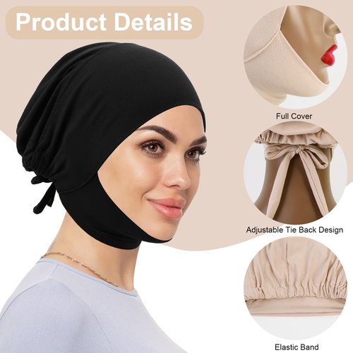 XEPST 3 PCS Hijab Undercap for Women, Islamic Muslim Full Cover Under Hijabcap Milk Silk Fabric Hijab Underscarf Solid Color Adjustable Tie Back Inner Head Scarf Turbans for Women Chemo Sleep Cap