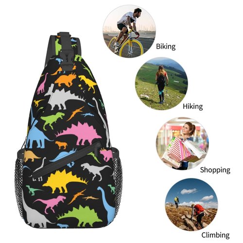 SURERUIM Cute Cartoon Dinosaur Sling Bag for Women Men Seamless Colorful Dinosaurs Pattern on Black Background Crossbody Chest Shoulder Bag Cartoon Dinosaur Backpack Casual Gym Travel Hiking Daypack