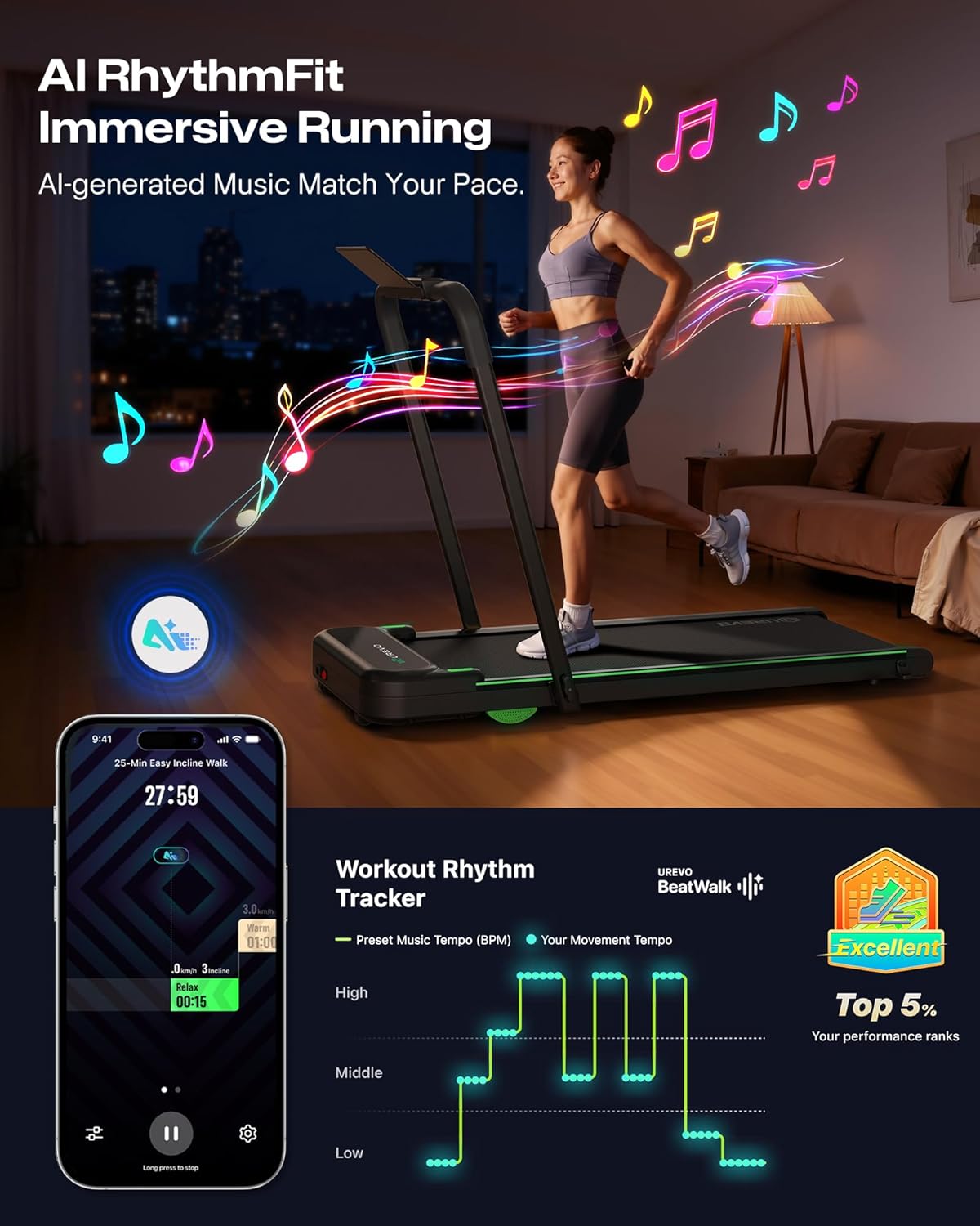 UREVO Smart 2-in-1 Folding Treadmill - Compact Walking Pad with Safety Handle & Dual LED Display