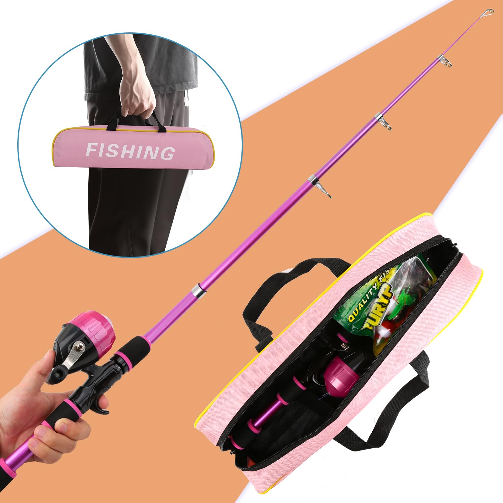 KecchKrezing Kids Telescopic Fishing Pole Set – 2 Rods 2 Reels with Gear Bag & Accessories, Fishing Starter Kit for Boys & Girls, Travel Gift Combo