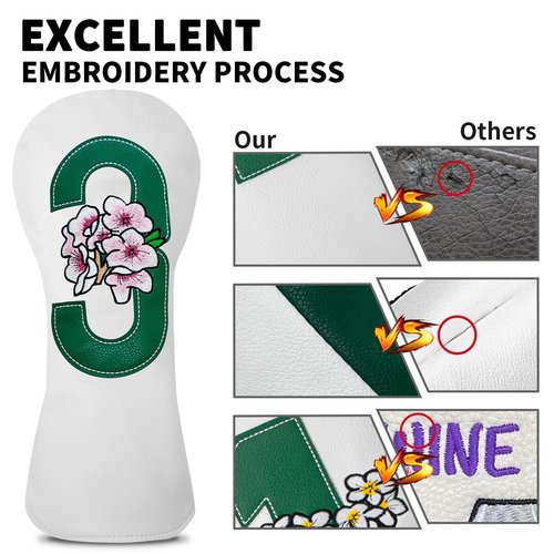 Golf Headcovers Golf Club Head Covers Advanced Embroidery Cherry Blossom Leather Driver Fairway(FW) Wood Hybrid(UT) with Number Tags Protects Against Scratches and Damage