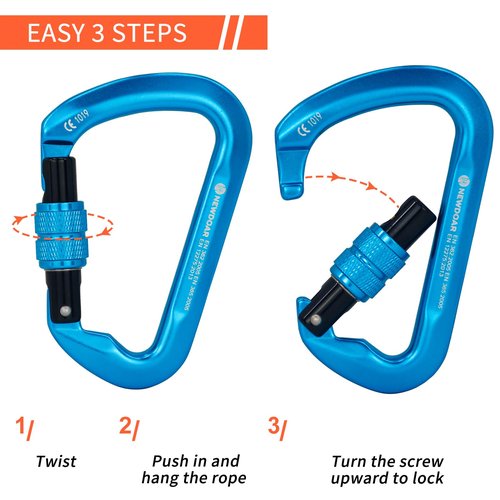 NewDoar CE Certified 30kN-6744lbs Climbing Carabiner Professional, Heavy Duty D Screwgate Clip, for Climbing,Rappelling,Hunting, Rescue
