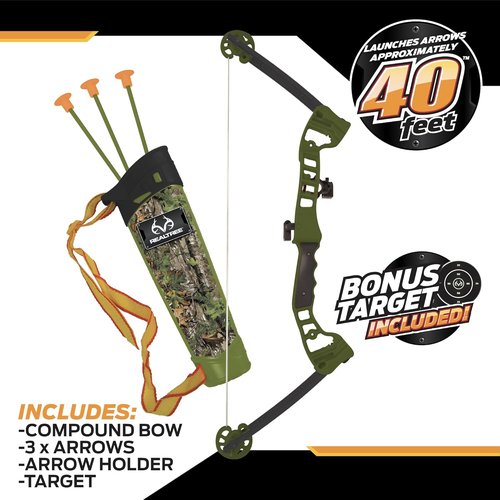NKOK Realtree Jr. Compound Bow Set - PVC Tipped Arrows Up to 40 Feet | Includes 3 Arrows, Target & Red LED Scope for Ages 6+