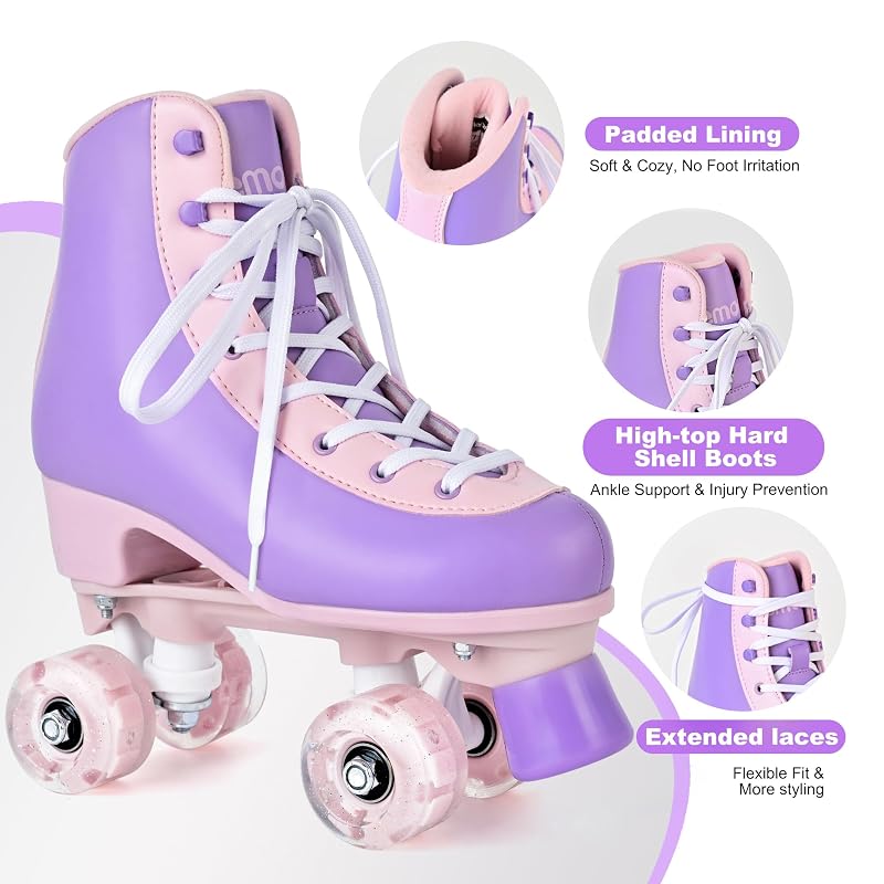 NEMONE Lavendar Dream Quad Roller Skates for Women, Girls - Light-Up PU Leather High-Top