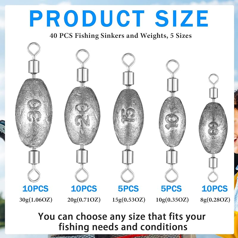 MorningRo 40 Pcs Inline Fishing Sinkers with Swivels – Mixed Sizes 1/4oz–1oz (Variation: 5 Size+40)