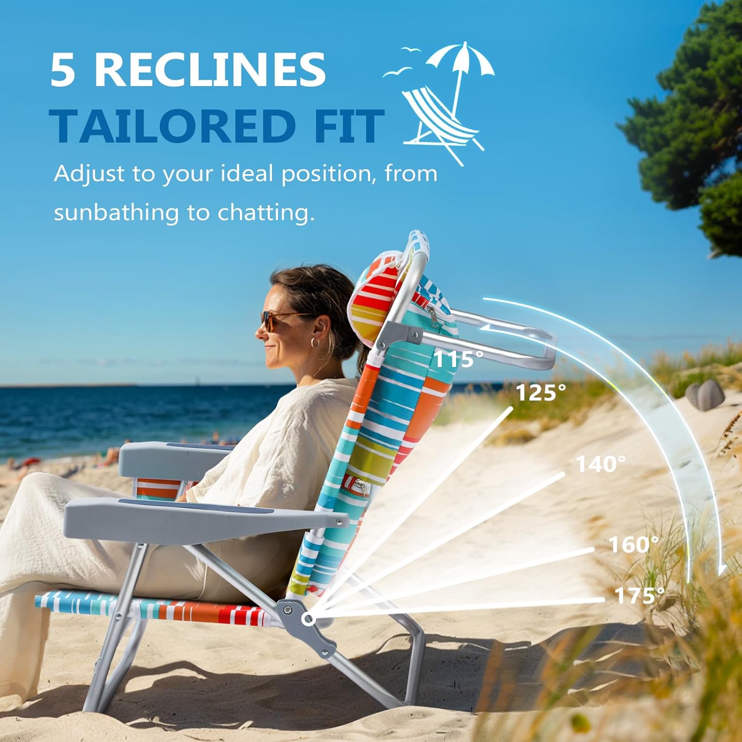 Skiennix Aluminum Lay Flat Beach Chair - Compact 5-Position Design with Cooler Pouch | 2-Pack Multicolor Stripe
