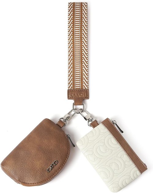 CLUCI Keychain Wallet - PU Leather Coin Purse with Detachable Dual Pouch - Beige & Brown