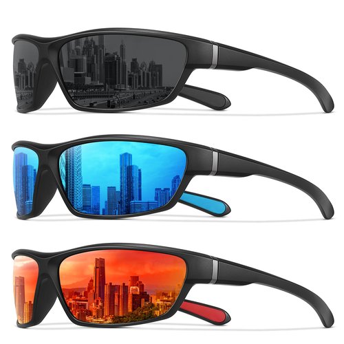 MEETSUN Polarized Sports Sunglasses for Men Women Wrap Around Driving Cycling Golf Fishing Sun Glasses UV400 Protection 3Pack- Black+Blue+Red