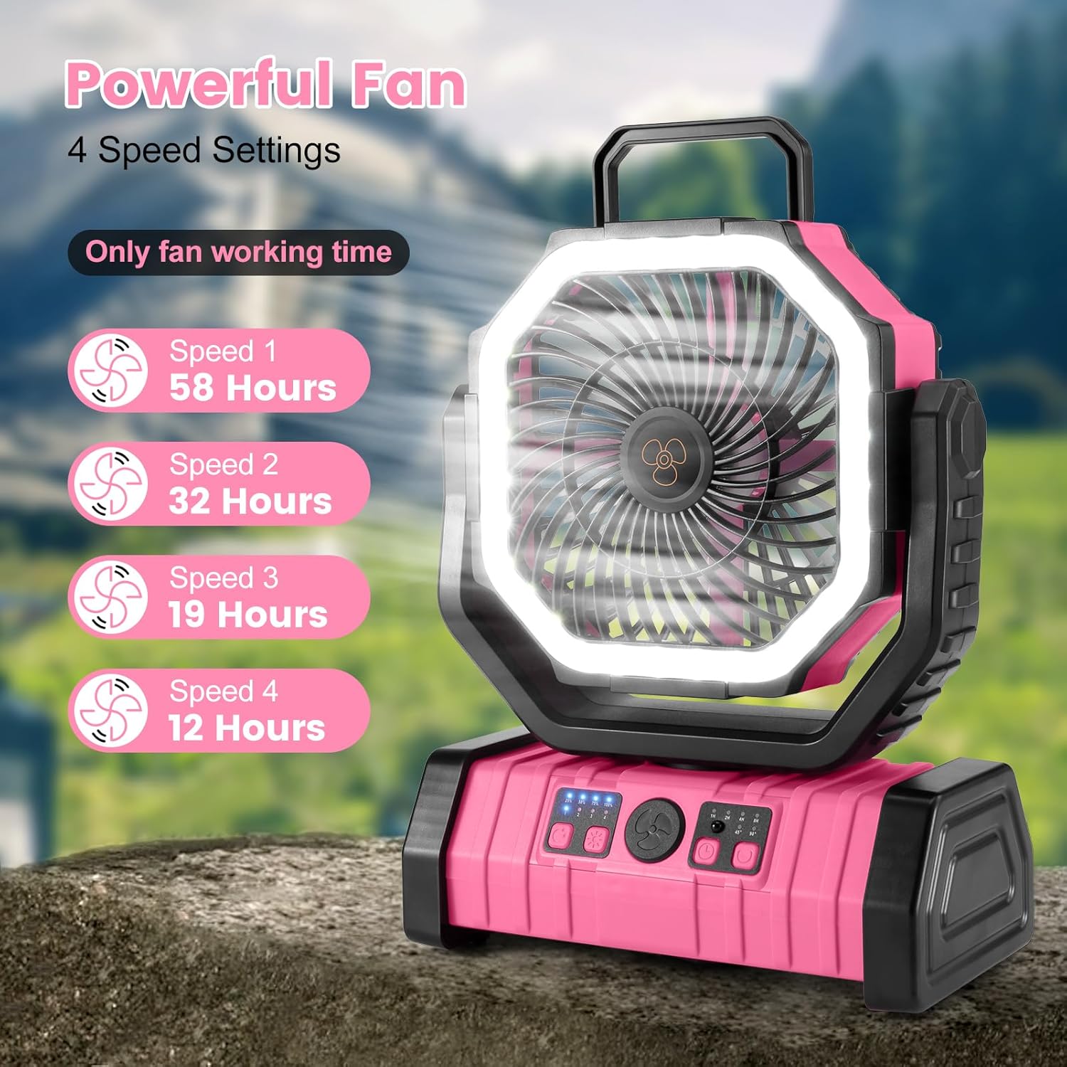 Odoland 30000mAh Camping Fan - Rechargeable LED Lantern & Oscillating Tent Fan | Portable with Remote, 4 Speeds, Pink