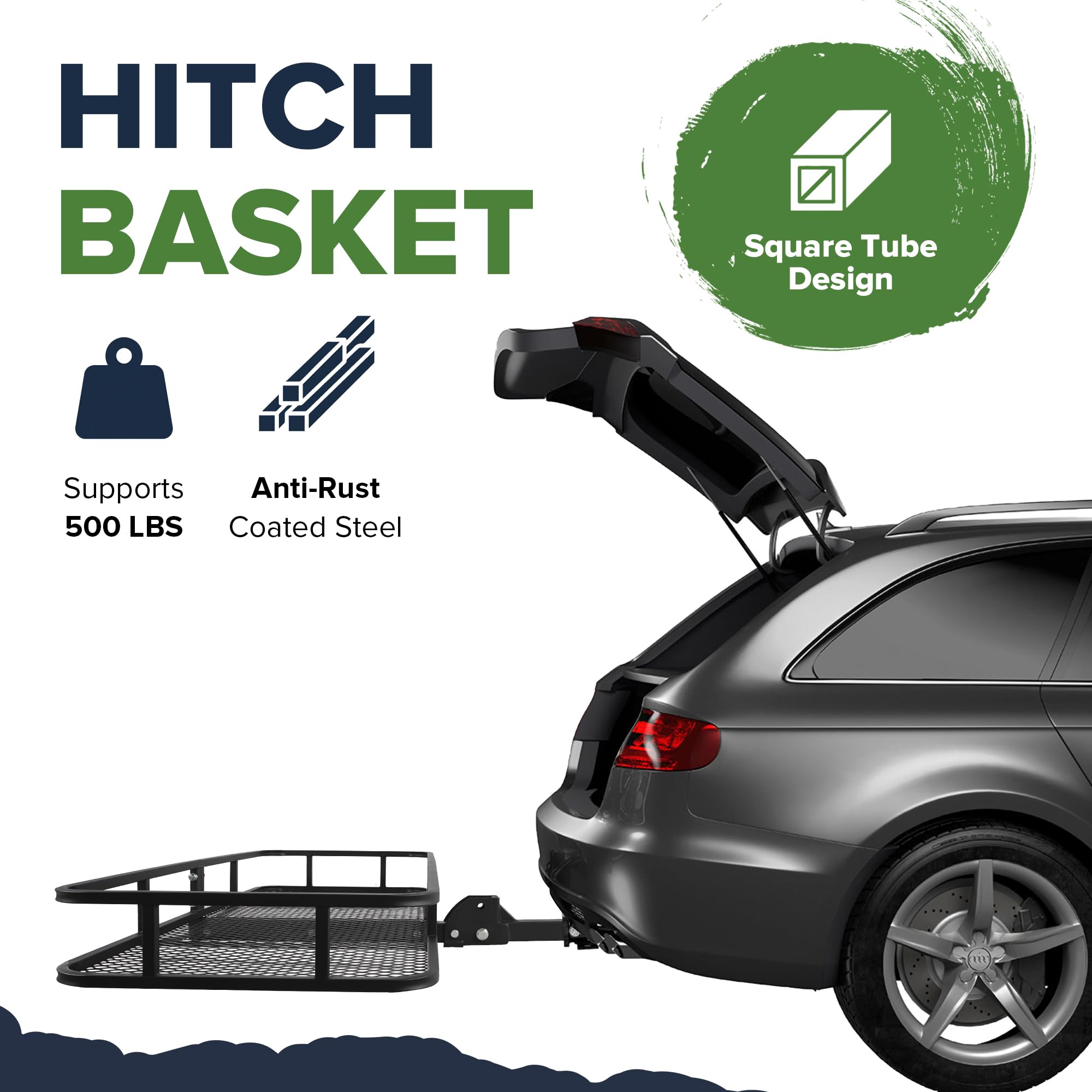 ARKSEN 60" x 23" x 5.5" Folding Hitch Cargo Carrier Basket w/Waterproof Cargo Bag(16.5 Cu Ft), Net, Hitch Stabilizer, 2 Ratchet Straps, 500 Lbs Heavy Duty Rear Trailer Cargo Rack Fits 2" Receiver
