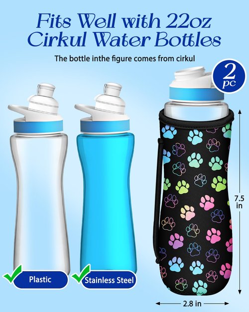 Toykee Water Bottle Sleeve for Cirkul 22 oz - 2 Pack Bottles Cover Holder Carrier Bag with Side Handle Colorful Paw Leopard