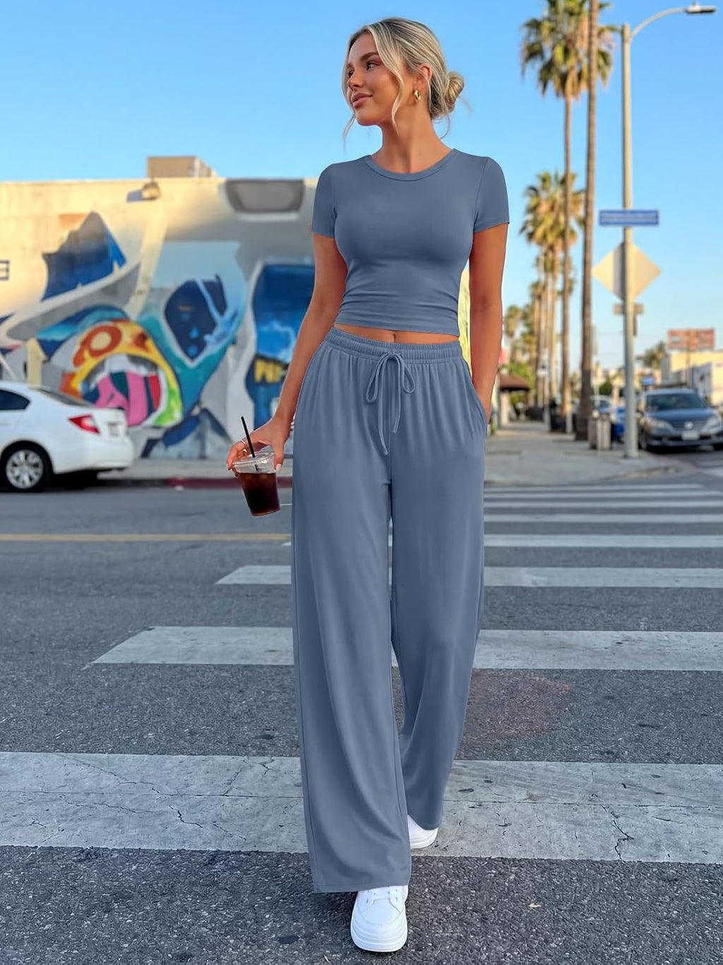 Trendy Queen 2-Piece Summer Lounge Set - Women's Wide Leg Pants & Ruching Crop Top