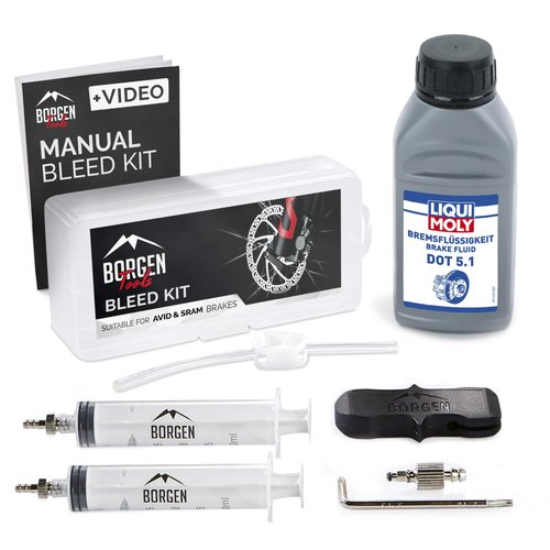 Borgen Bike Brake Bleeder Kit for AVID SRAM Hydraulic Disc Brakes - Complete Bleeding Kit with Step-by-Step Instructions and 250ml (8.45oz) DOT 5.1 Brake Fluid for Perfect Bike Maintenance