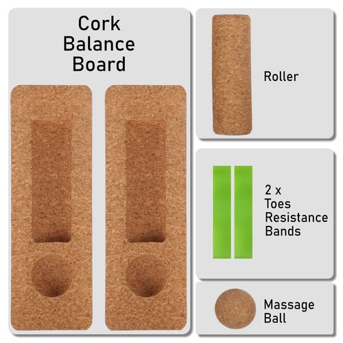 KIMPOK Cork Balance Beam Complete Set, Integrated Foot & Ankle Stability System with Roller, Massage Ball & Toe Resistance Bands for Yoga & Recovery