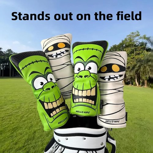 HELLO NRC Golf Club Head Covers with Golf Cleaning Towel, Funny Driver Headcover for Fairway Woods, Waterproof Frankenstein Print, 460cc Premium PU Leather, 15.75 x 23.62 Microfiber Magnetic Towel