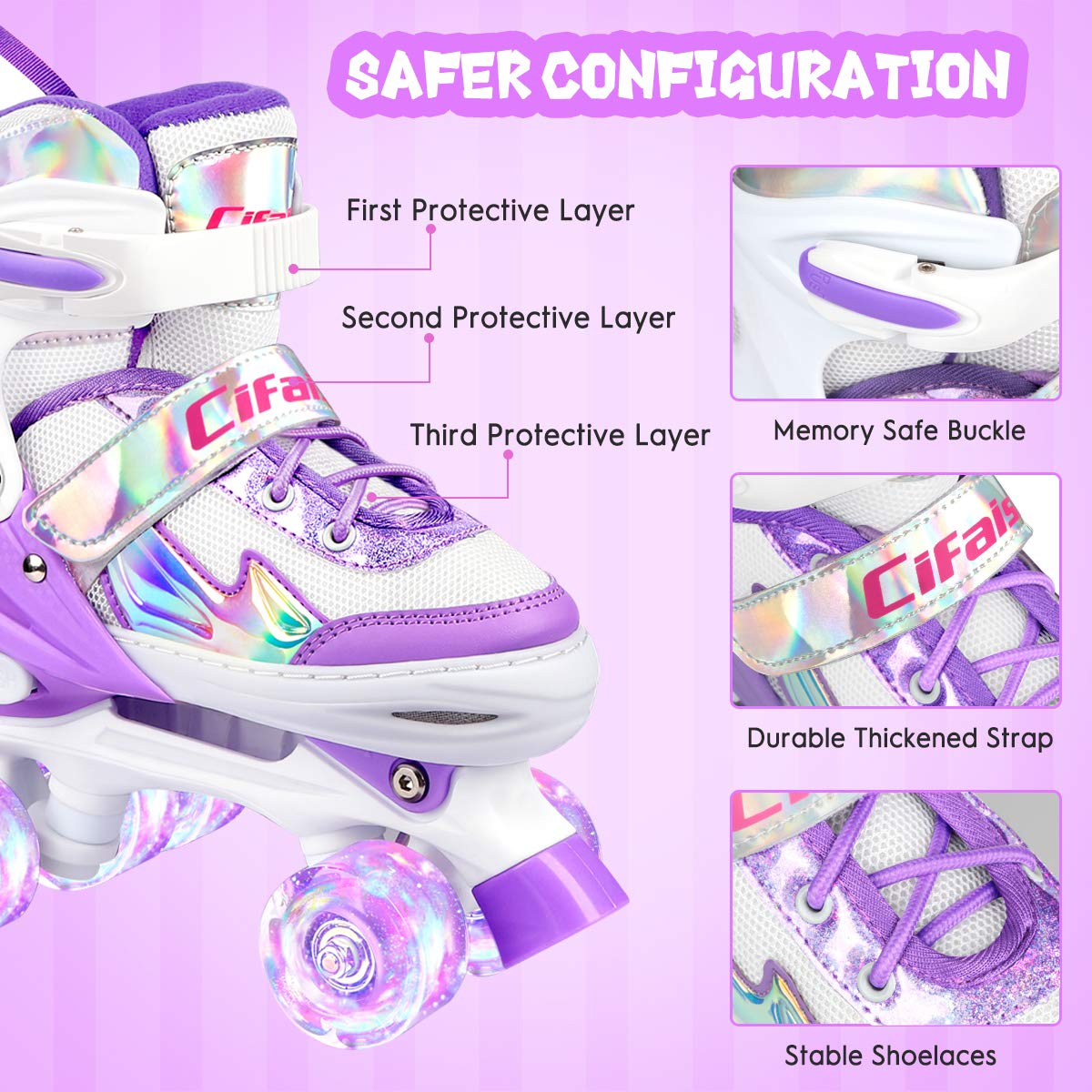 Roller Skates for Girls Boys Kids, Black Pink 4 Sizes Adjustable Kids Roller Skates with Light up Wheels and Shining Upper Design, for Ages 4-13