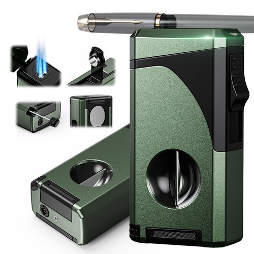 6-in-1 Triple Torch Lighter, with Holder, Punch, Straight & V Cutter, Draw Enhancer Tool, Included Gift Box for Men, Outdoor Multifunctional Accessories, Windproof Refillable Butane Lighter for Travel