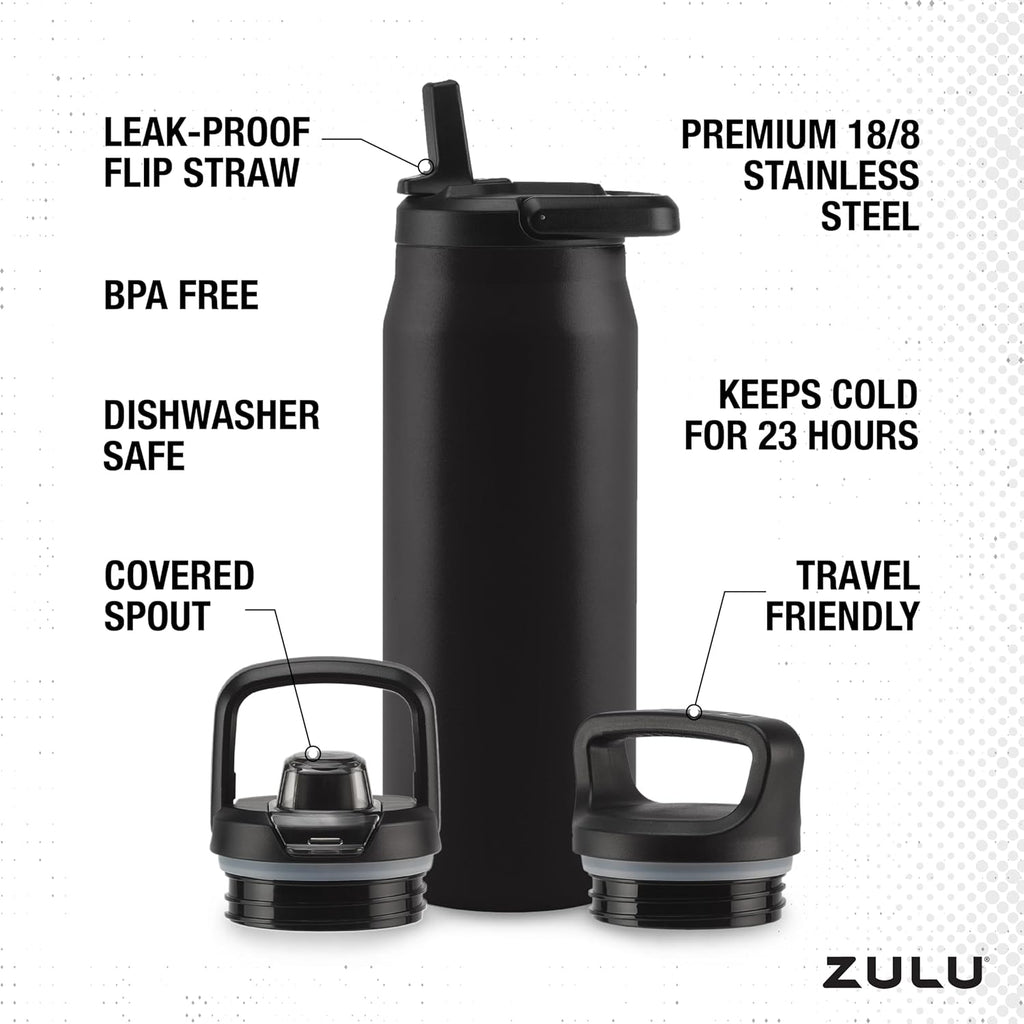 ZULU Base 32oz Stainless Steel Water Bottle - Double Walled, Vacuum Insulated | 3 Lids Included, Black