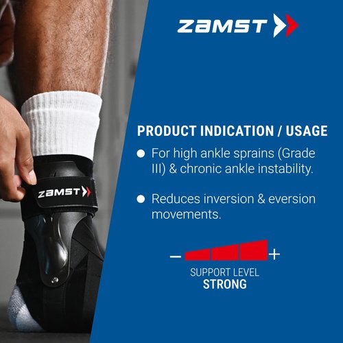 Zamst A2-DX Sports Ankle Brace with Protective Guards For High Ankle Sprains and Chronic Ankle Instability-for Basketball, Volleyball, Lacrosse, Football-Black, Right, Large