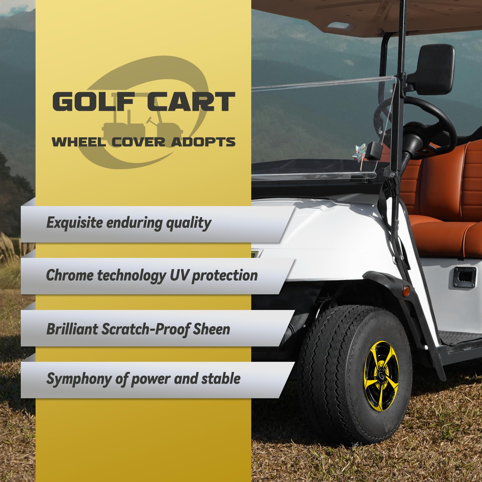 XUANYUDG0769 Golf Cart Hubcaps Wheel Covers for EZGO Club Car Yamaha Golf Cart Wheels and Tires Center Caps 8 Inch, Set of 4 Golf Cart Hub Caps, Black and Yellow