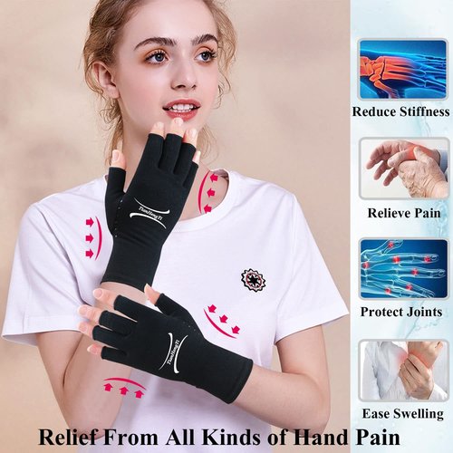 2 Pairs Arthritis Gloves for Pain Relief, Compression Gloves for Arthritis, Carpal Tunnel, Osteoarthritis, Joint, Typing, Driving, Fingerless Hand Gloves for Women Men (Grey1+Pure Black1, Medium)