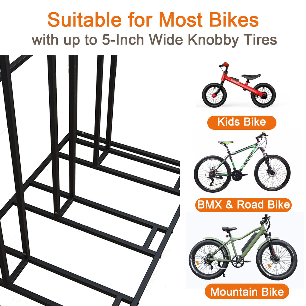 YiLifebes Stand Bike Racks for Garage, 4 Bike Stand Rack with Storage Basket, Metal Floor Bike Parking, Garage Organizer Suitable for Mountain, Hybrid, Adult and Kids Bikes