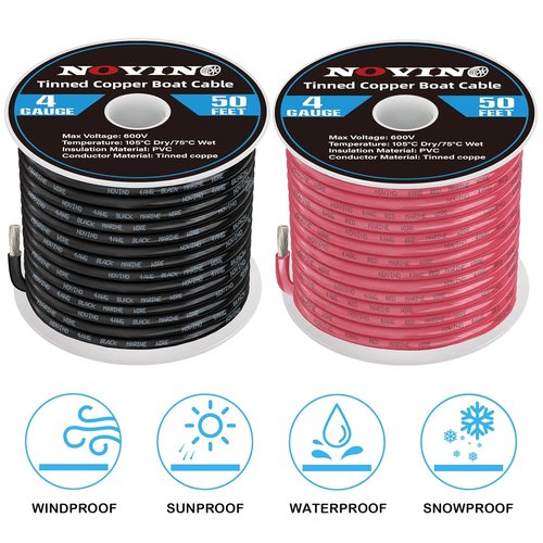 4 Gauge Marine Wire - 50FT Red & 50FT Black Tinned Copper Electrical Cable for Boats & Outdoor Use