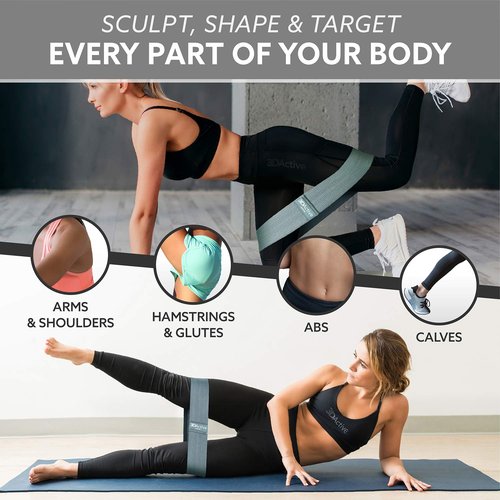 3DActive Fabric Resistance Bands for Legs & Butt. Wide Non-Slip Hip Band Set for Home & Gym Workouts. Exercise Guide & Carry Bag Included - Black, Dark Grey, Light Grey.