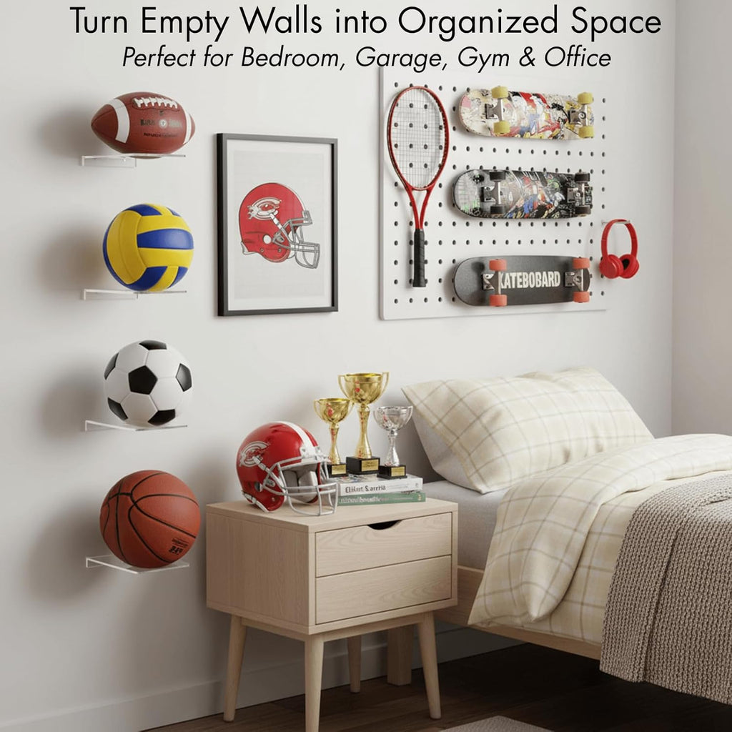 Youeon 8 Pcs Clear Acrylic Basketball Holder - Wall Mount Display Rack for Sports Balls | 3.5 Inch Round Hole