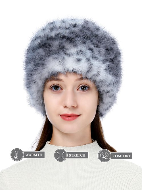 LA CARRIE Women's Faux Fur Hat for Winter with Stretch Cossack Russion Style(Gray Leopard Printed)