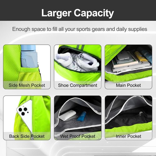 Hoedia Sports Drawstring Backpack - Waterproof Gym Bag with Shoe Compartment | Green
