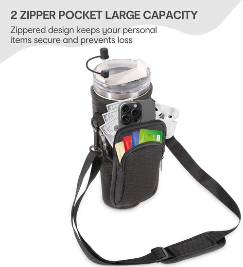 And Per Se Neoprene Water Bottle Carrier Bag - Crossbody Sling for Stanley 40oz Tumbler, Adjustable Strap & Phone Pocket (Black)