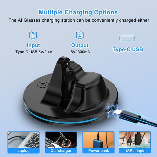 Smart Glasses Charging Station with LED Indicator & USB-C Charging Cable for Meta Ray-Ban- Wayfarer, Skyler, Headliner & Oakley Meta HSTN Glasses Charger Docks (Black)