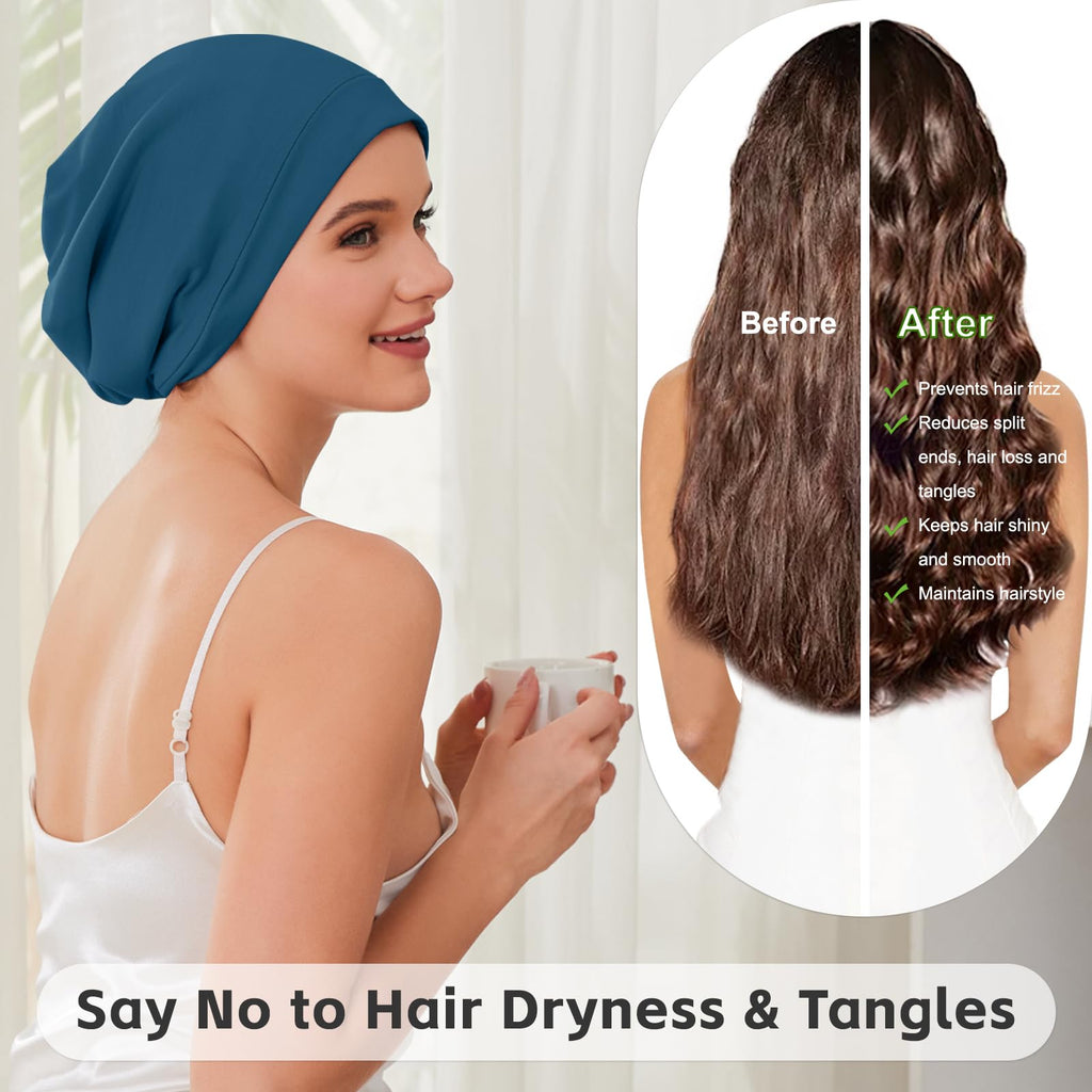 Silk Bonnet for Sleeping Women, Adjustable Silky Satin Lined Sleep Cap, Silk Hair Wrap for Sleep Night Cap for Natural Curly Hair 2PCS(Black&Navy Blue)