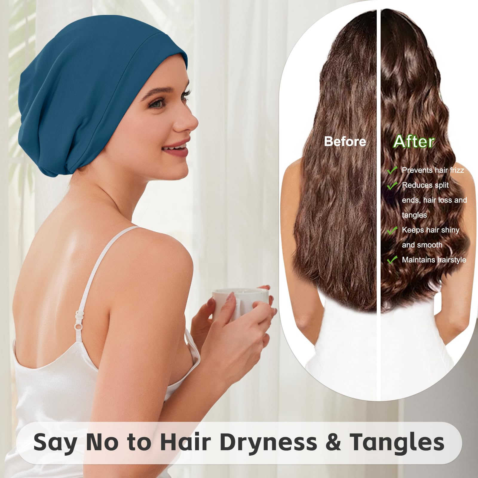 Silk Bonnet for Sleeping Women, Adjustable Silky Satin Lined Sleep Cap, Silk Hair Wrap for Sleep Night Cap for Natural Curly Hair 2PCS(Black&Navy Blue)