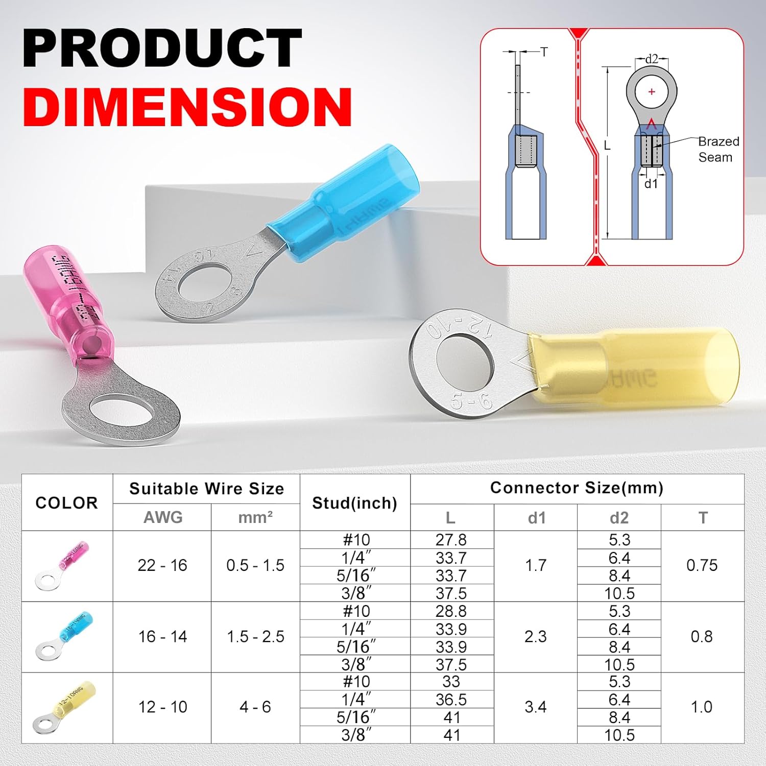 AIRIC Heat Shrink Ring Terminals Kit - Copper Battery Cable Lugs for 12/10 AWG Wires | 50 PCS, Yellow