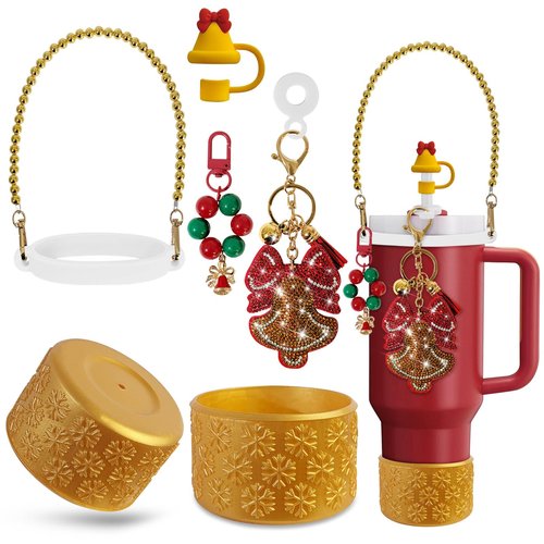 VirgoCCY Christmas Stanley Cup Accessories Set Including 0.4in Straw Covers, Water Bottle Handle Strap, Cute Christmas Charms and Silicone Boot for Stanley 40oz & 30oz Tumbler, Gold
