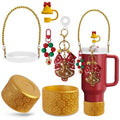 VirgoCCY Christmas Stanley Cup Accessories Set Including 0.4in Straw Covers, Water Bottle Handle Strap, Cute Christmas Charms and Silicone Boot for Stanley 40oz & 30oz Tumbler, Gold