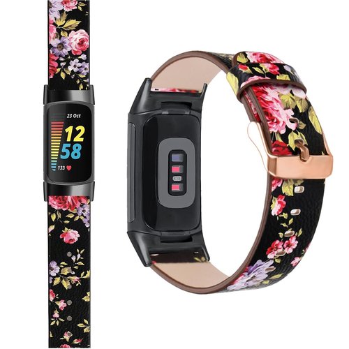 Abanen Leather Bands for Fitbit Charge 5, Floral Print Soft Leather Women Wristband Strap with Stainless Steel Quick Release Compatible with Fitbit Charge 5 (Black)