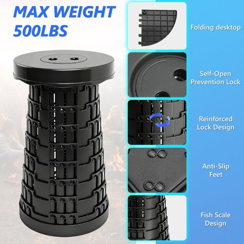 graxie Upgraded Collapsible Stool with Table Top, Portable Telescopic Seat, Folding Stool for Camping Gardening Fishing Hiking BBQ, Tabletop Diameter 19.7 inches