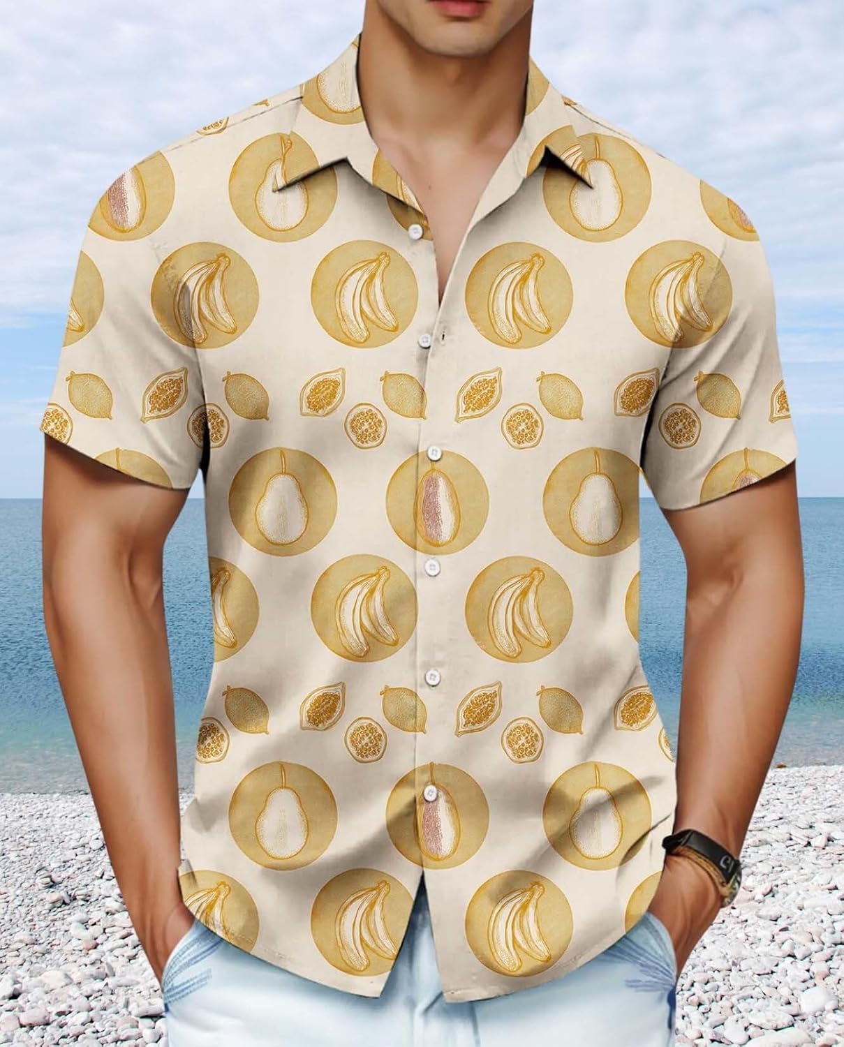 Skiennix Men's Hawaiian Shirt - Unique Fruit Print for Summer Vacations | Tropical Button-Up Tee