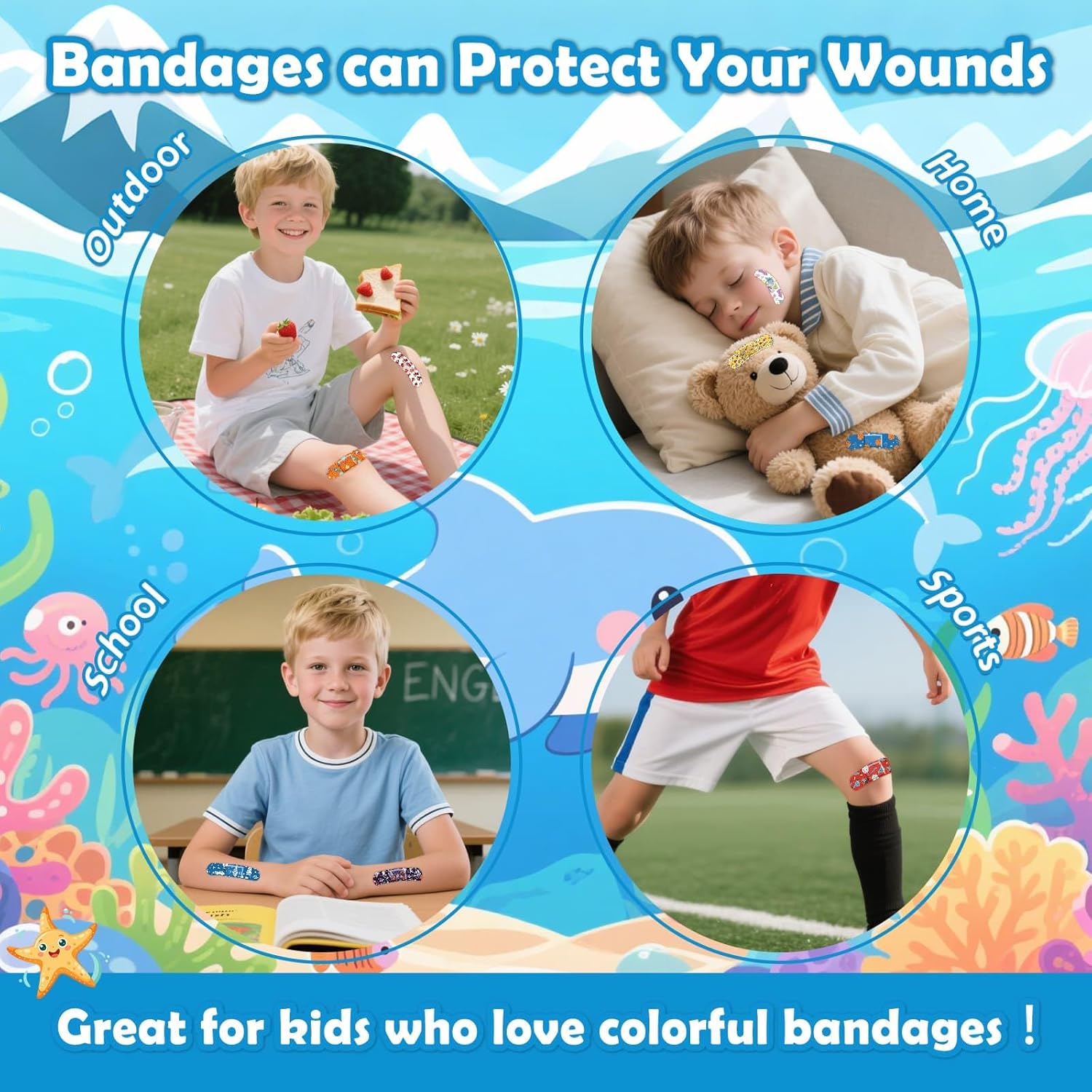 Sublaga Kids Cartoon Bandages - 300 Pcs Colorful Waterproof Adhesive Bandages for Toddlers & Children