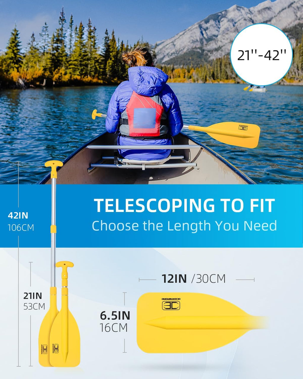 OCEANBROAD Telescoping Emergency Paddle - Adjustable 21'' to 42'' | Lightweight Aluminium Shaft for Kayaking