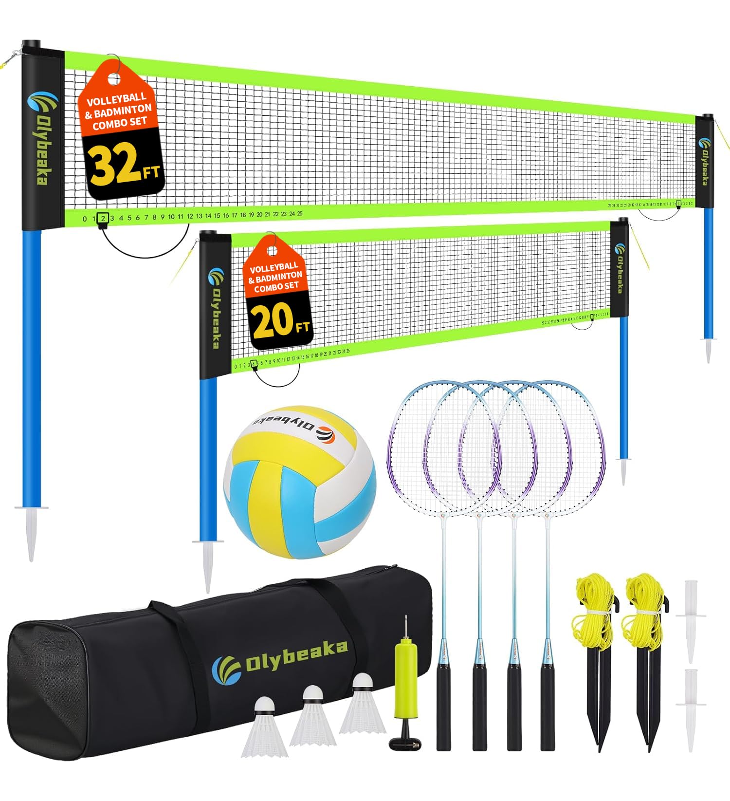 Olybeaka Outdoor Volleyball & Badminton Combo Net Set for Backyard, Beach with 2 Nets, Adjustable Poles, 4 Aluminum Rackets, PU Volleyball, Portable Carry Bag (Black)