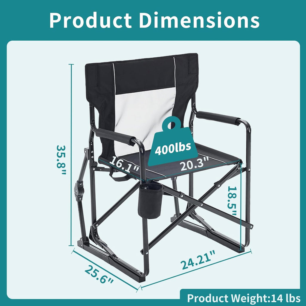 OLIXIS Outdoor Folding Rocking Chair - Portable Camping Chair with Mesh Back & Waterproof Armrests | Black