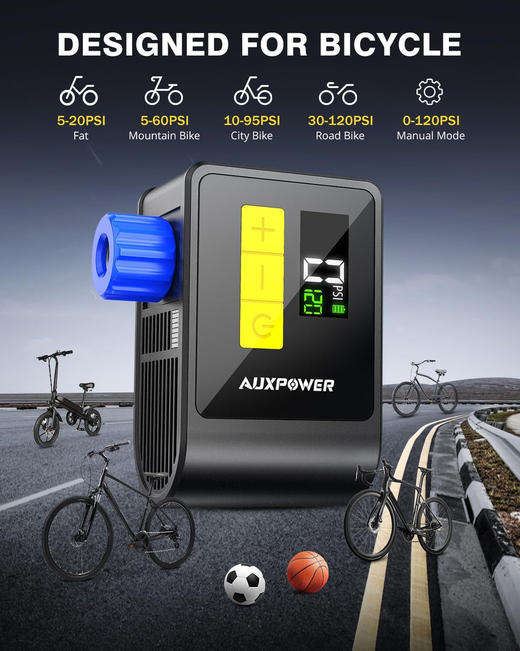 Auxpower BL03 Electric Bicycle Pump - 120PSI with Pressure Gauge, Auto Stop, Presta & Schrader Valves | Ideal for Road, Mountain, E-Bikes & Sports Balls